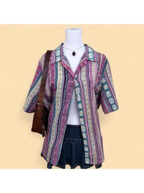 90s purple, teal, and beige geometric pattern polyester button up shirt